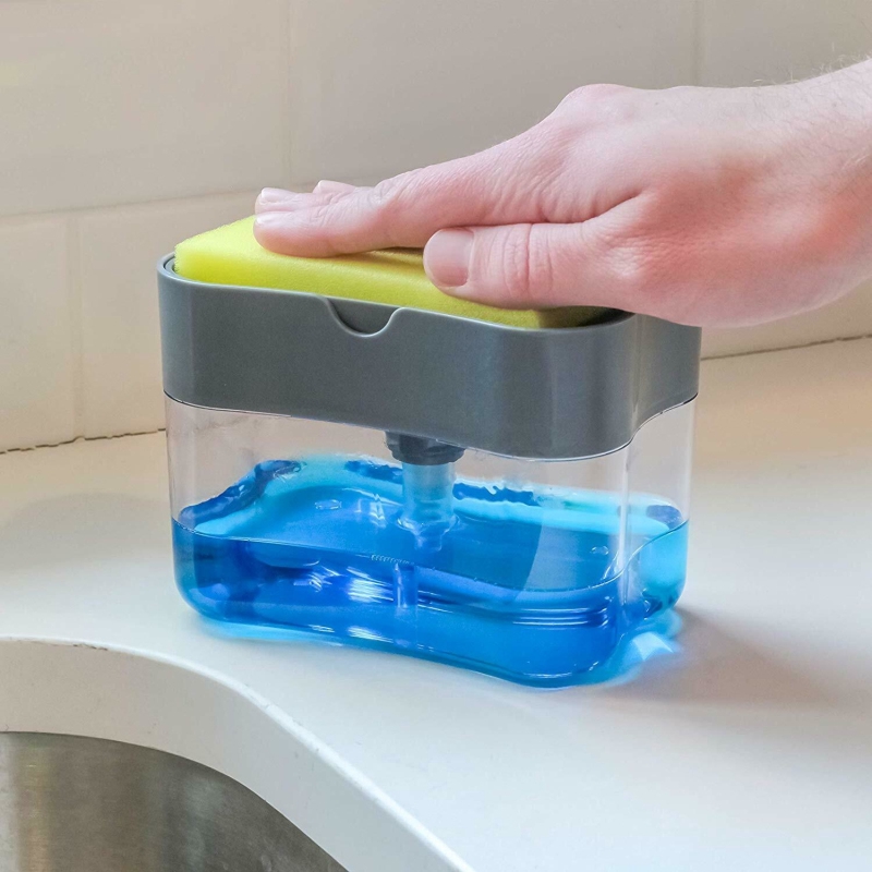 Bàn chải rửa chén có giá đỡ và bình đựng xà phòng tiện dụng