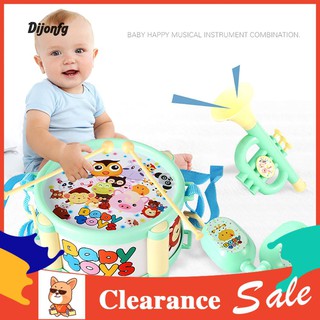 Bộ 6 món đồ chơi nhạc cụ gồm trống + dùi trống + macara + kèn cho trẻ em