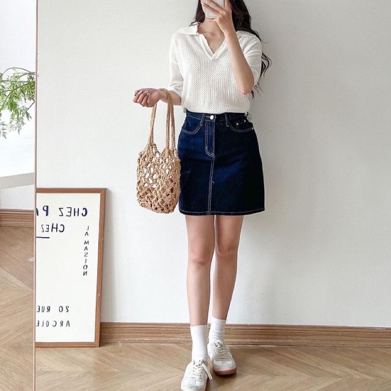 [Ảnh thật/Video] Áo croptop DING mongtogi cúc ngực cổ đức thiết kế đan Hàn Quốc