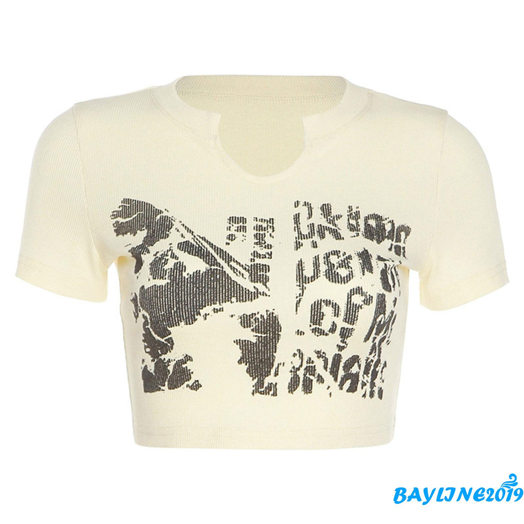 Áo thun croptop dáng ôm ngắn tay cổ khoét in hình thời trang cho nữ