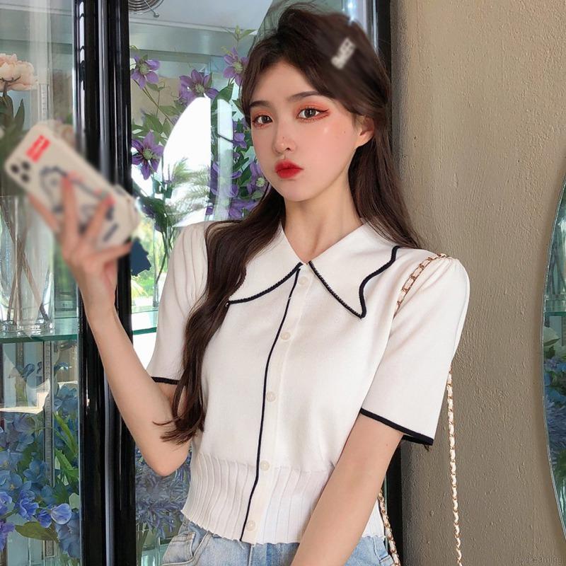 Áo Croptop Dệt Kim Tay Ngắn Thiết Kế Thanh Lịch Cho Phái Nữ