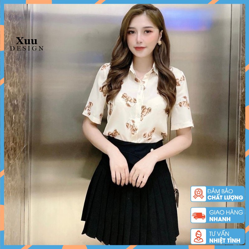 Áo sơ mi nữ cộc tay Xuu Design, Áo sơ mi kiểu họa tiết trẻ trung chất vải lụa Hàn mềm mát SK04