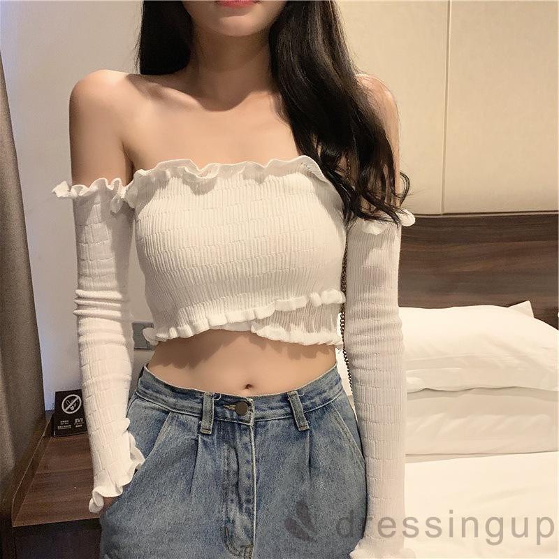 Áo Thun Tay Dài Trễ Vai Dáng Ôm Thiết Kế Đan Chéo Thời Trang Quyến Rũ Cho Nữ