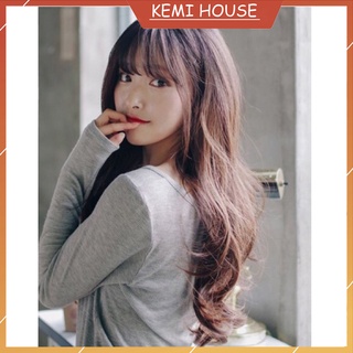 Tóc giả nguyên đầu xoăn phong cách Ulzzang Hàn Quốc, tóc giả nữ mái thưa dài gợn sóng dễ thương [có sẵn]