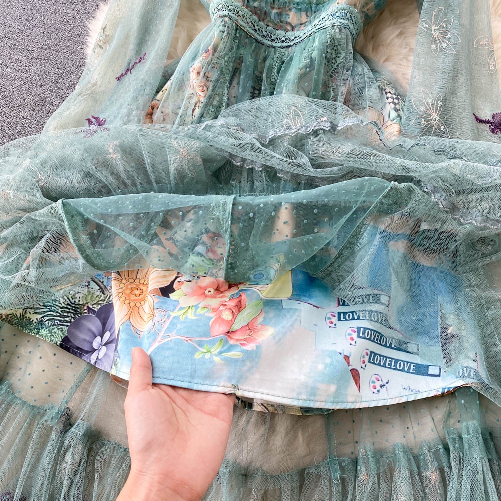 Váy xanh dài tay dáng dài thêu hoa nhẹ nhàng sang trọng  080522