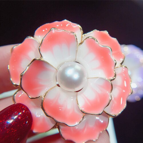 Ghim Cài Áo Hình Hoa Tráng Men Đính Ngọc Trai Tự Nhiên Đơn Giản Cho Nữ