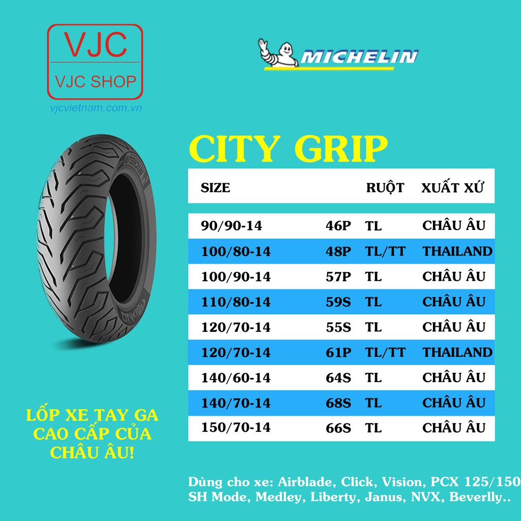 Vỏ xe Michelin City Grip 100/90-14 TL Châu Âu