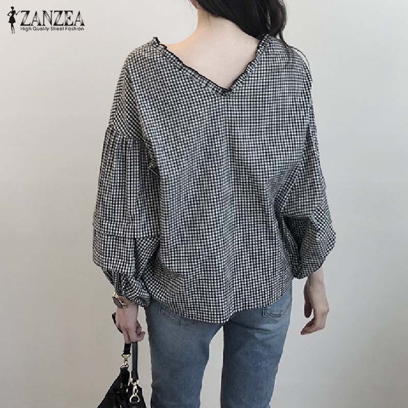 ZANZEA Áo dài tay dáng rộng họa tiết sọc caro phối nút thời trang cá tính cho nữ | BigBuy360 - bigbuy360.vn