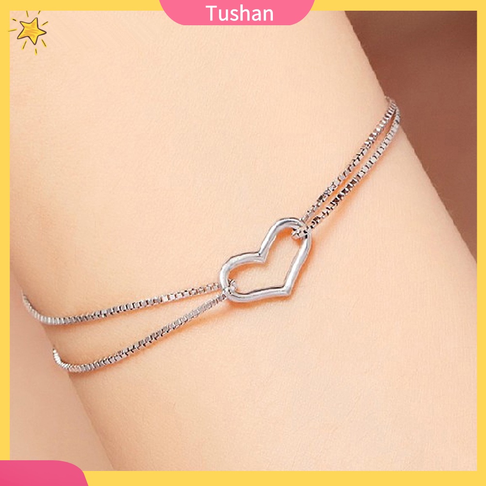 TUSH_Fashion Women Double Layer Chain Hollow Heart Charm Bracelet Bangle Jewelry