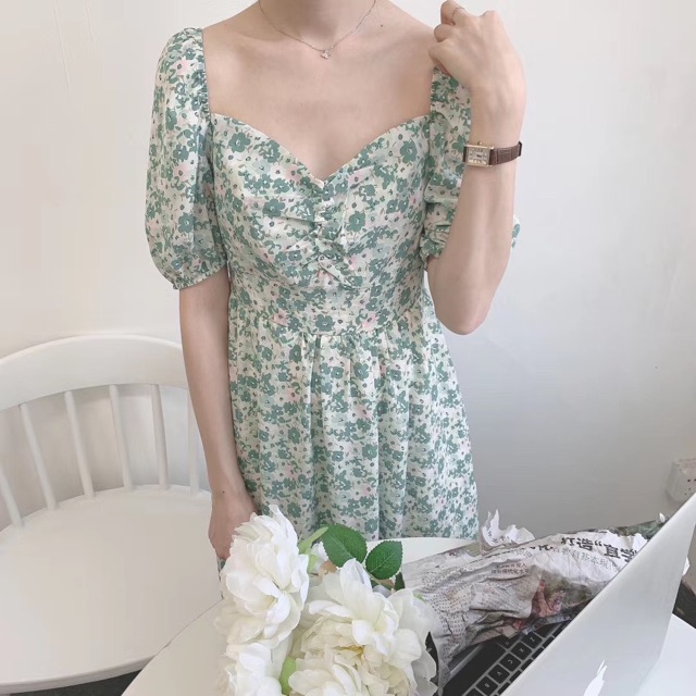 Váy xoè hoa nhí tay bồng nhún ngực Ulzznag style🌸 Hàng Quảng Châu