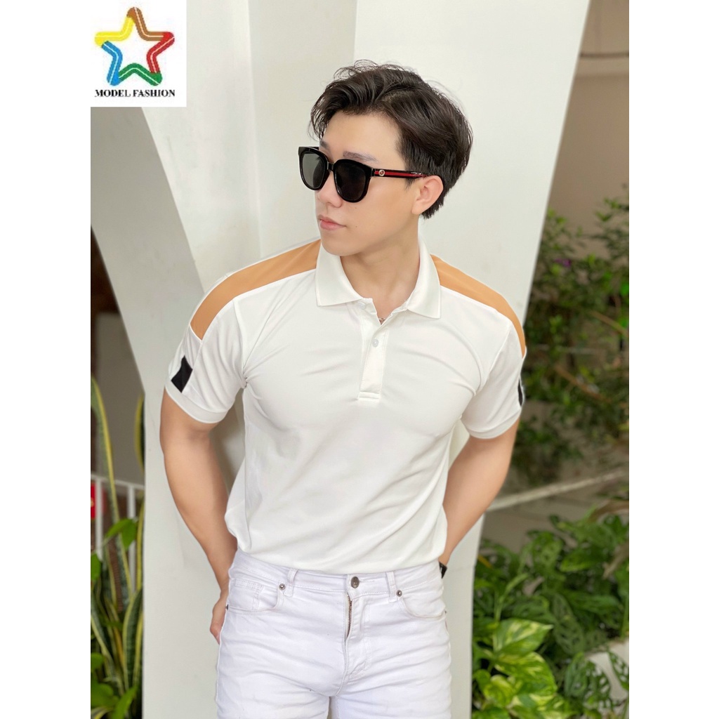 Áo Thun Nam Cổ Trụ Màu Trắng Viền Vai Nâu Thời Trang MODEL FASHION