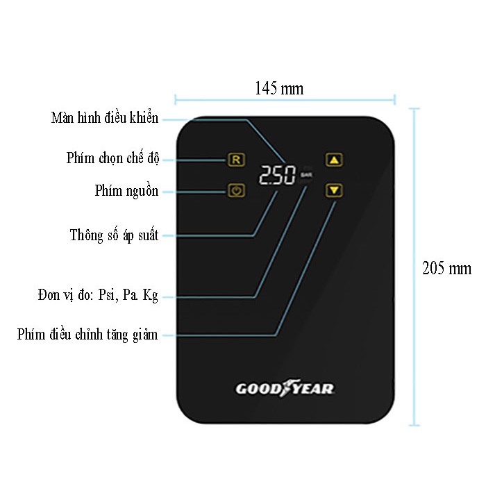 Bơm lốp ô tô mini GoodYear GY3302, xylanh tăng áp, phím bấm cảm ứng