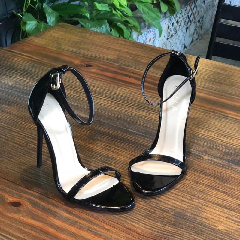 Sandal cao gót CALLA bít gót dây mảnh màu đen da bóng cao 7-9-11-12cm
