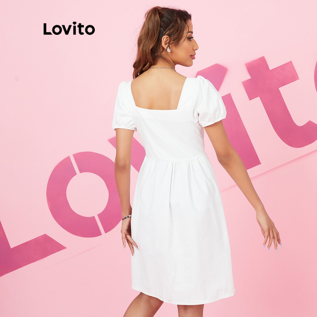 Đầm Lovito tay phồng màu trơn xinh xắn cơ bản L16X072 (Màu trắng)