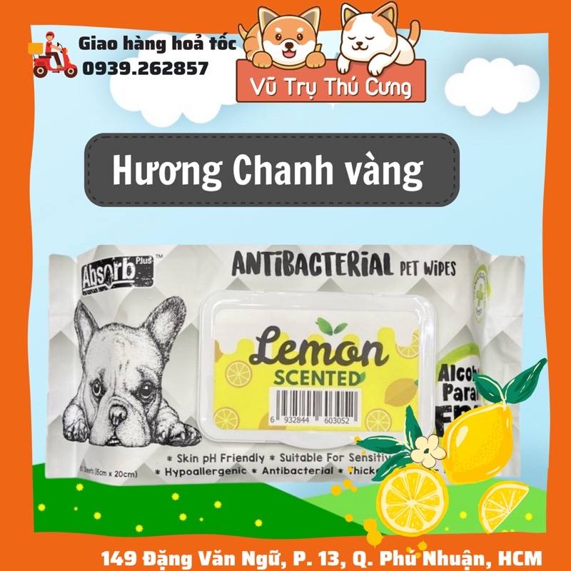 Khăn ướt kháng khuẩn lau ố mắt, lau lỗ tai cho thú cưng chó mèo Absorb-80 miếng