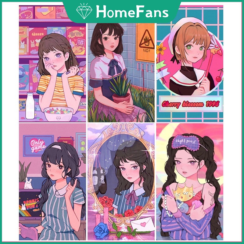 Bộ tranh đính đá 5D họa tiết cô gái hoạt hình độc đáo kích thước 30x40cm diy dùng trang trí