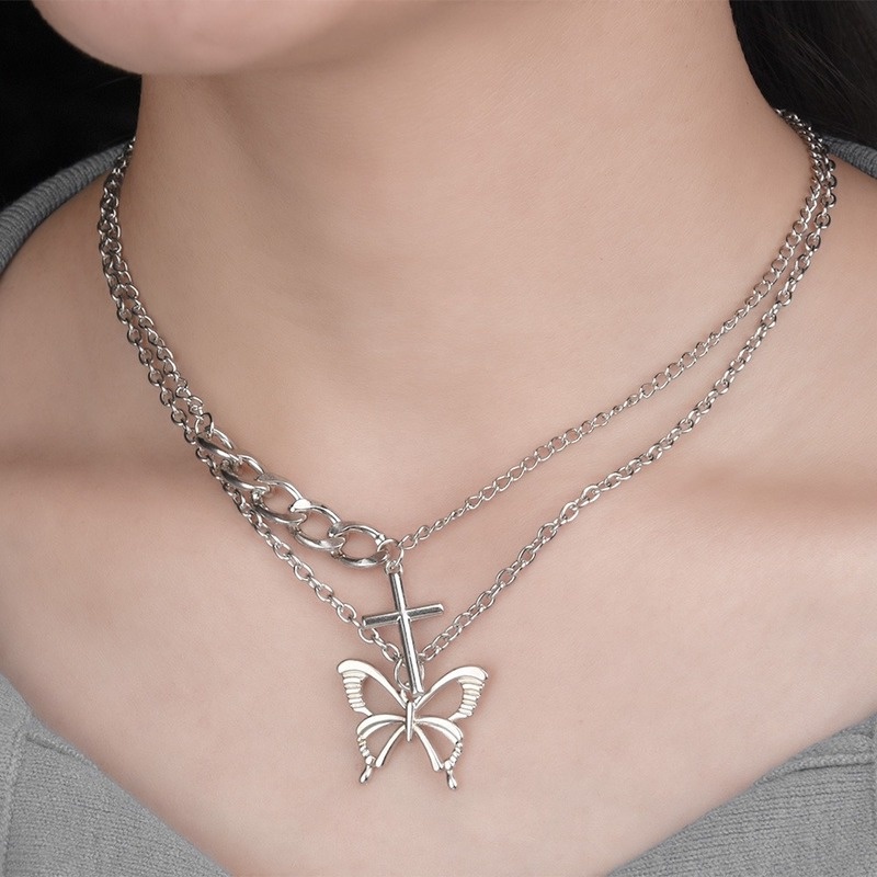 Vòng Cổ Nhiều Lớp Mặt Hình Bướm / Thánh Giá Bằng Kim Loại Phong Cách Hip Hop Punk Gothic Thời Trang Cho Nữ
