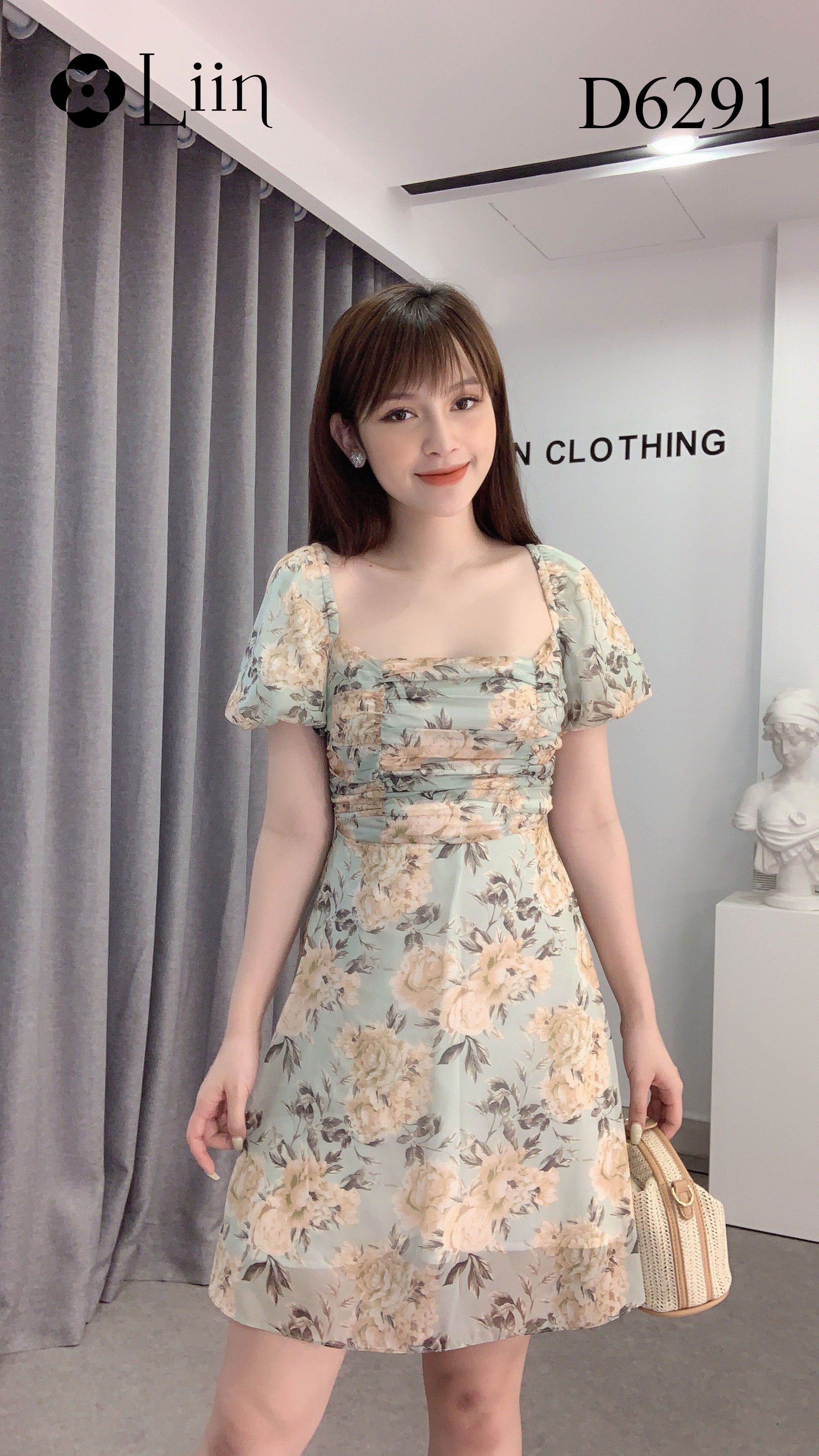 Đầm ôm nữ Linbi họa tiết hoa xanh, vai bồng xinh xắn liin clothing D6291 | BigBuy360 - bigbuy360.vn