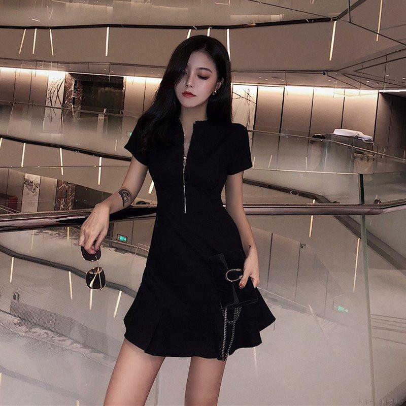 Đầm tay ngắn lưng cao phối khoá kéo màu trơn thanh lịch