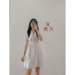 Váy Đũi Hoa Nhí Đắp Chéo Cổ Chữ V, Đầm Xòe Thắt Eo Phong Cách Nhẹ Nhàng, Labibi