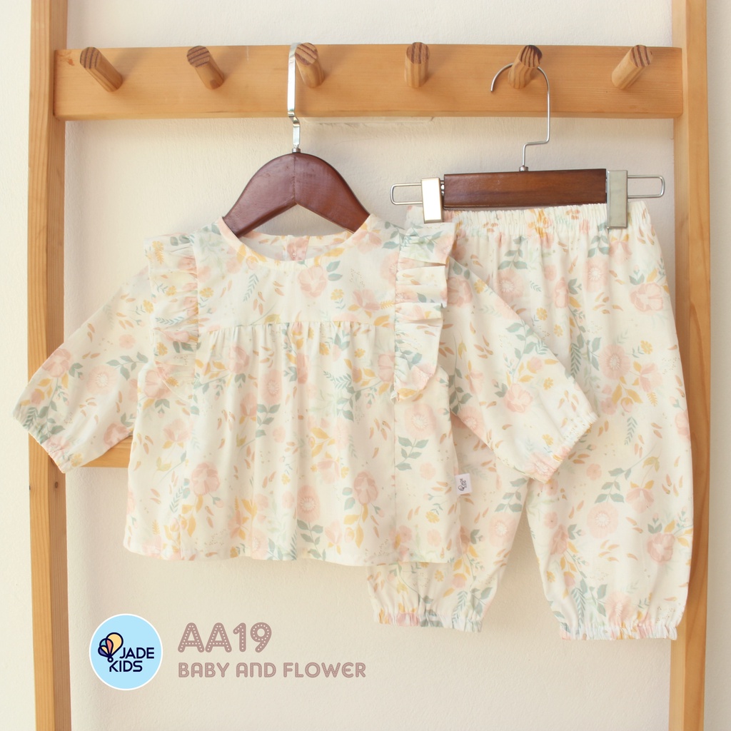 Bộ đồ bé gái, bộ dài tay cho bé chất liệu thô cotton cao cấp họa tiết hoa xinh quần dài cho bé trống muỗi chống muỗi