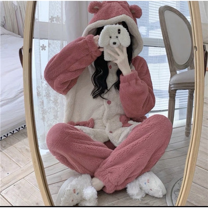 [ 𝐅𝐑𝐄𝐄 𝐒𝐇𝐈𝐏 ] SÉT LOOGN GẤU HỒNG SIÊU ĐẸP. VẢI LÔNG CỪU DẦY DẶN LẮM Ạ