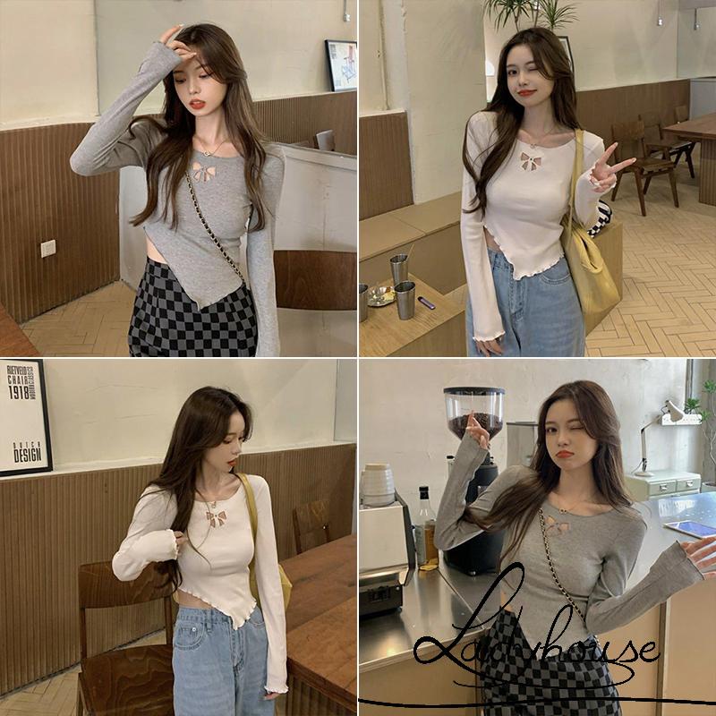 Áo Thun Crop Top Tay Dài Cổ Tròn Màu Trơn Vạt Lệch Thời Trang Dành Cho Nữ