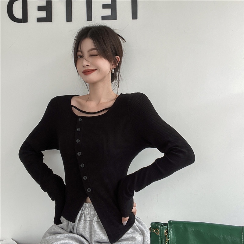 ZHELIHANGFEI Áo Len Tay Dài Lưng Cao Kiểu Dáng Sexy Hợp Thời Trang