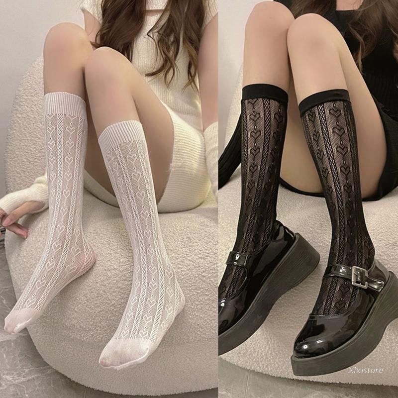 Xixi Vớ Lưới Dài Ngang Bắp Chân Phối Họa Tiết Trái Tim Kẻ Sọc Phong Cách Lolita Ngọt Ngào Cho Nữ