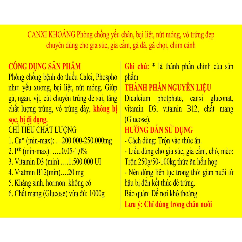 1 gói CANXI KHOÁNG 200g Phòng chống yếu chân, bại liệt chuyên dùng cho gia súc, gia cầm, gà đá, chim cảnh