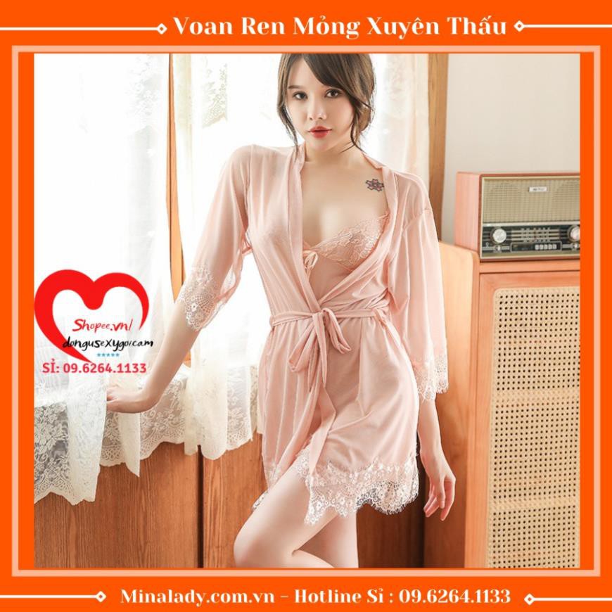 Váy Ngủ Sexy - Đầm Ngủ Sexy Ren Voan Mỏng Có Kèm Áo Choàng Thắt Dây-Không Có Mut Ngực Kèm Quần Lọt Khe VAYAOCHOANG T ་