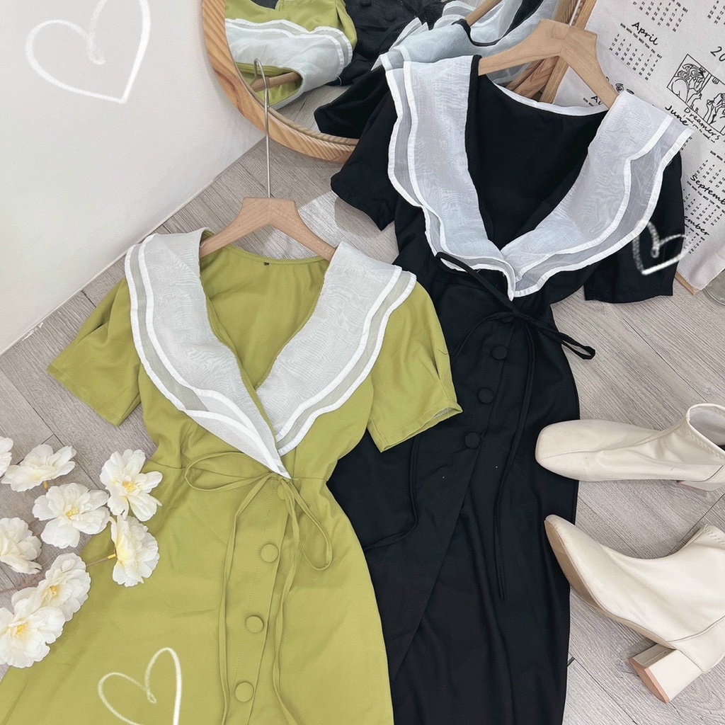 Đầm Tiểu Thư Nút Lệch Cotton Phối Tơ Gân