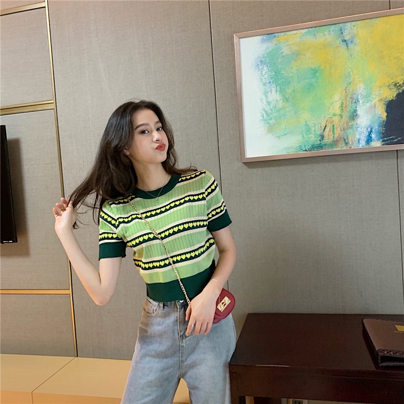 QADCOL Áo thun dệt kim tay ngắn dáng rộng màu xanh bơ xinh xắn