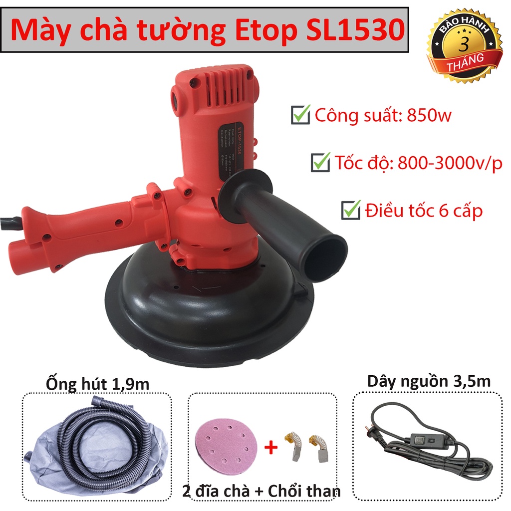 Máy chà tường, chá nhám có hút bụi ETOP SL1530-850w, đĩa mài 180mm, bộ phụ kiện đầy đủ + TẶNG 2 GIÁP CHÀ