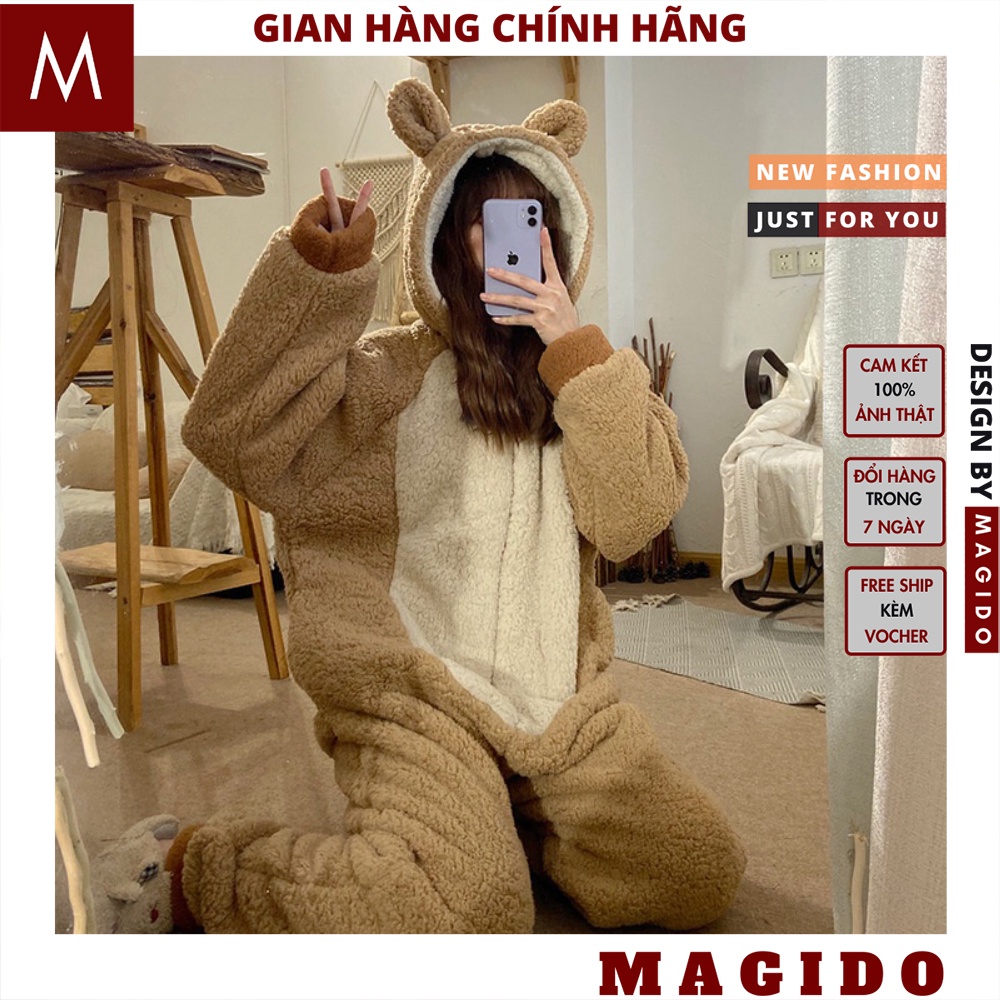 Bộ lông gấu màu nâu, bộ gấu liền thân thêu hình đẹp cho nữ siêu ấm, đồ ngủ mùa đông lông cừu giữ nhiệt tốt - MAGIDO | BigBuy360 - bigbuy360.vn