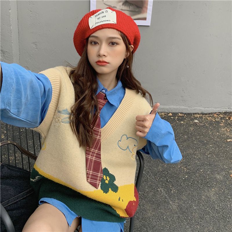 Set áo len không tay và áo sơ mi tay dài thời trang dành cho nữ