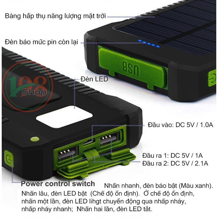 Sạc Dự Phòng Năng Lượng Mặt Trời Tích Hợp Đèn Pin, Sạc Dự phòng Cao Cấp Nguồn Vào Dùng Nguồn Điện Và Năng Lượng Mặt Trời