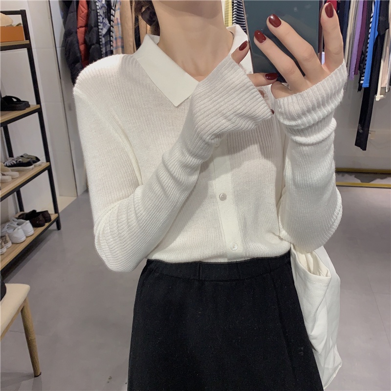 Áo ZHELIHANGFEI vải dệt kim cổ bẻ tay dài phong cách sang trọng