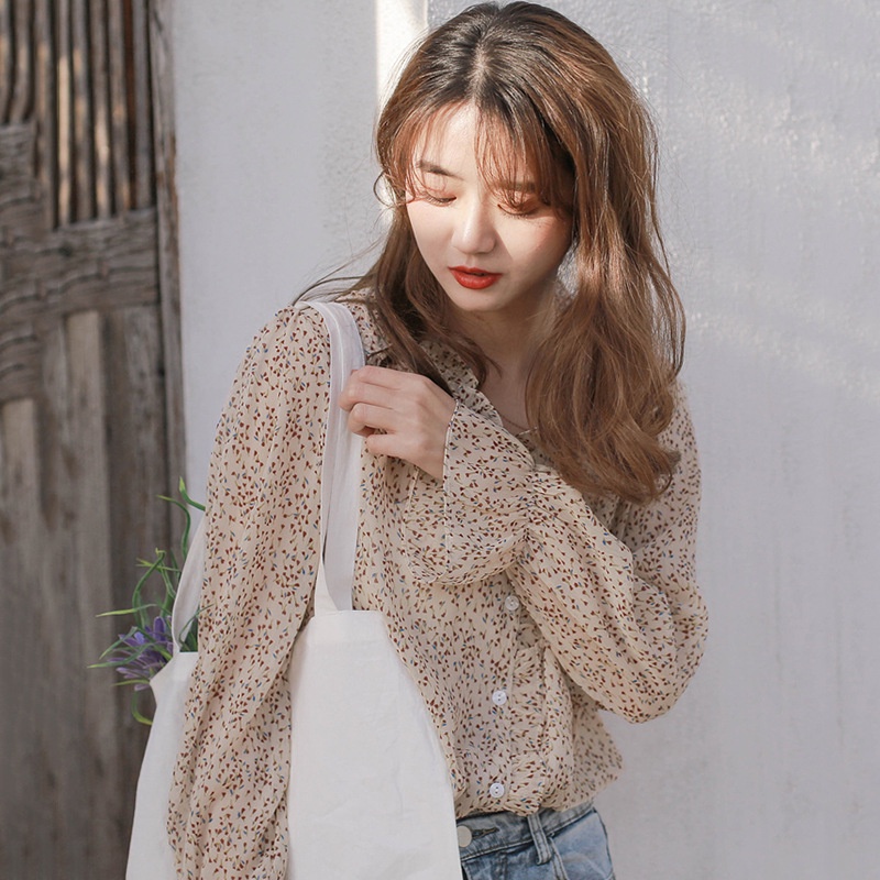 Áo Sơ Mi Voan Hoa Tay Dài Dáng Rộng Thời Trang Cho Nữ