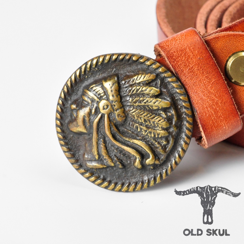 Dây thắt lưng nam da bò veg bản 34mm, khóa bập đồng thau đúc đặc hình thổ dân da đỏ kiểu cổ xưa cực chất DL199