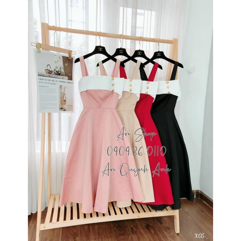 [Đầm free ship] Đầm công chúa đi dư tiệc cưới sang trọng dễ thương với thiết kế 2 dây có mút, đính khuy cúp ngực cá tính