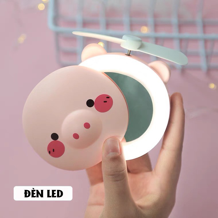 Gương Trang Điểm Mini Bỏ Túi Có Đèn Led Và Quạt Make Up Trang Điểm Dễ Thương Hình Heo Màu Hồng!