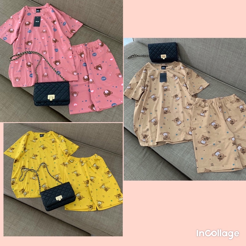 Bộ mặc nhà nữ chất cotton hình gấu kute áo cộc quần đùi ngố( Ảnh thật)