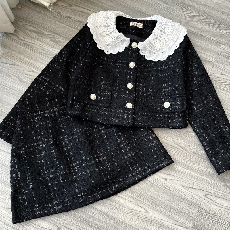 set tweed đen cổ trắng