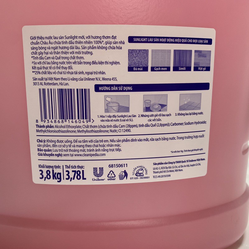 Sunlight lau sàn can lớn 3.8kg siêu tiết kiệm dùng trong nhà nghỉ, khách sạn, văn phòng, nhà máy, hộ gia đình