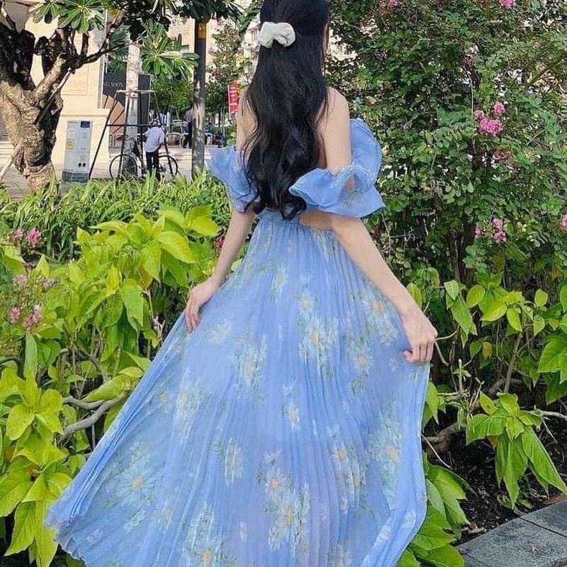 Đầm  váy maxi ASHYLEY thiết kế (HÀNG SẴN) trễ vai dập ly hoạ tiết cut eo tôn dáng Aimee closet