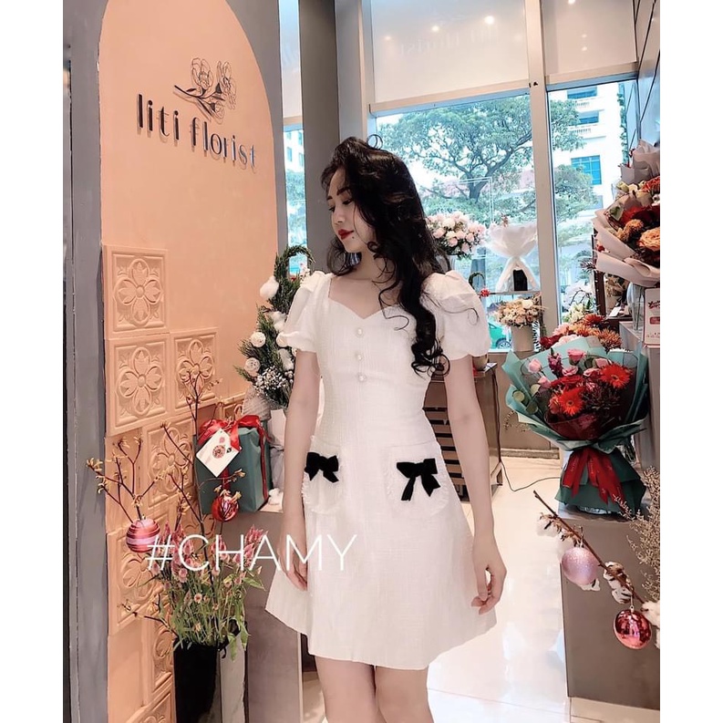 ✨BÁN SỈ✨Đầm dạ trắng nơ đen 2 túi