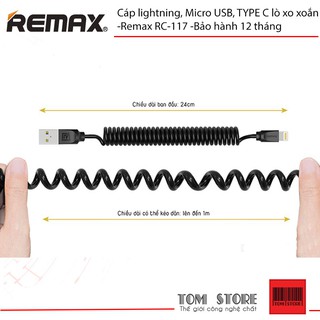 Cáp lightning, micro usb, type c lò xo xoắn -remax rc-117 -bảo hành 12 tháng