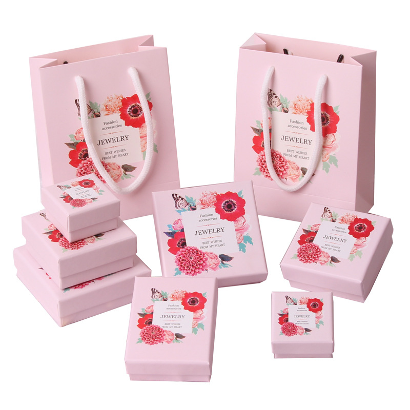 Flower Design Jewelry Box Inside Sponge Pink Gift Bag Paper Box Earrings Storage Necklace Case