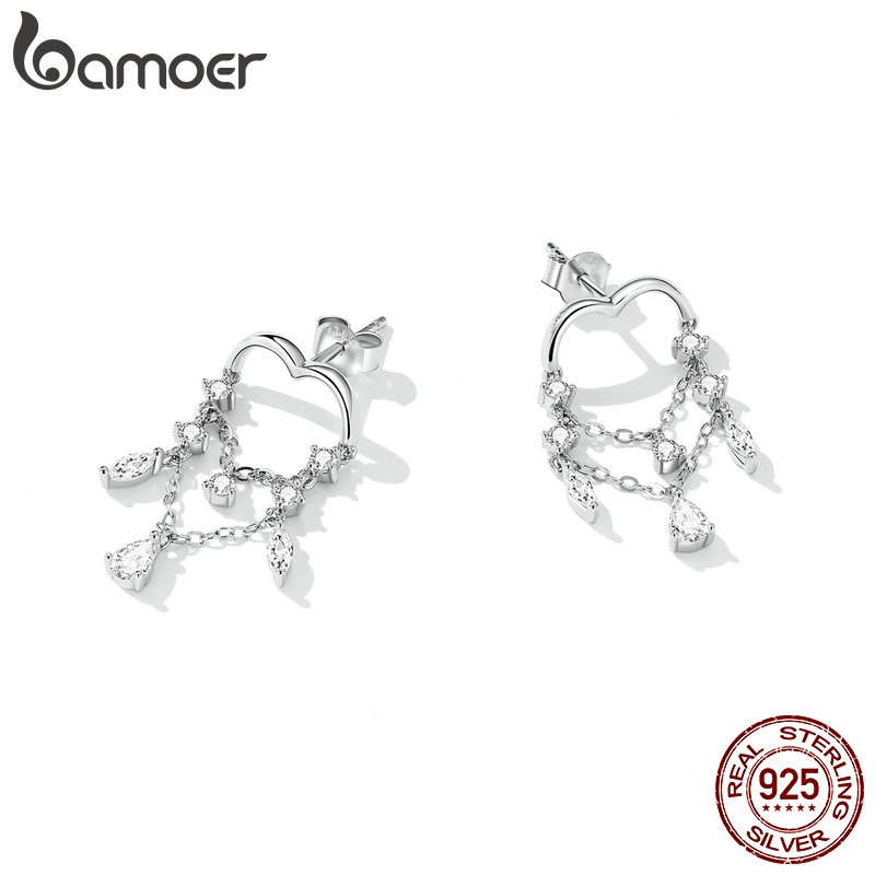 Cặp khuyên tai BAMOER bằng bạc 925 hình trái tim phối tua rua đính đá zircon thời trang sang trọng cho nữ
